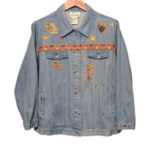 Quacker Factory Denim Jacket Womens 1X Light Blue Americana Flags Cats Angels